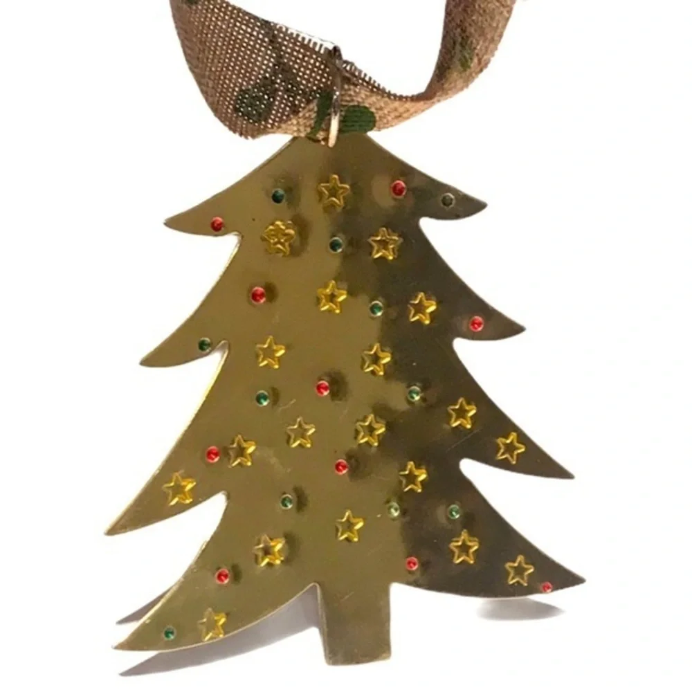 Handmade stamped gold tone brass tree holiday a Christmas‎ ornament